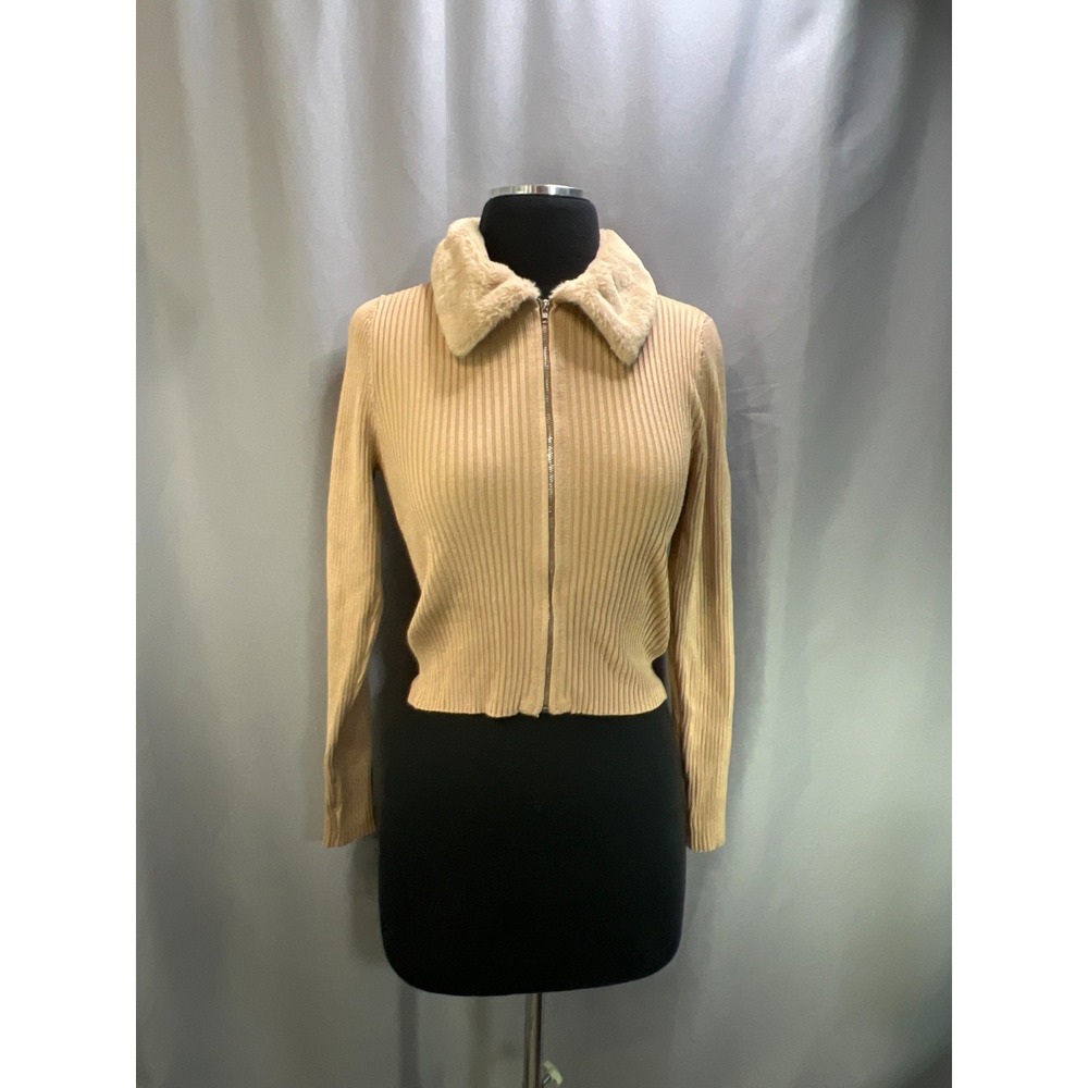 Ultra Flirt Cropped Ribbed Top Women Medium Black Rayon Faux Fur Collar Full Zip